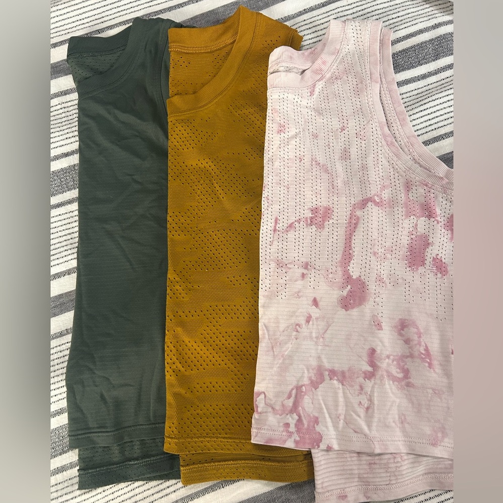 Lululemon Train to be tank in Olive Green, Mustard, and Light Pink Tie-Dye